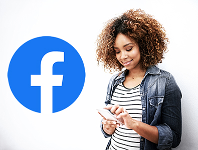 Woman using phone and facebook icon